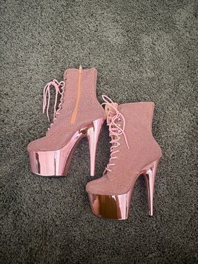 Pleaser Pink Glitter Platform Lace-Up Stiletto Boots